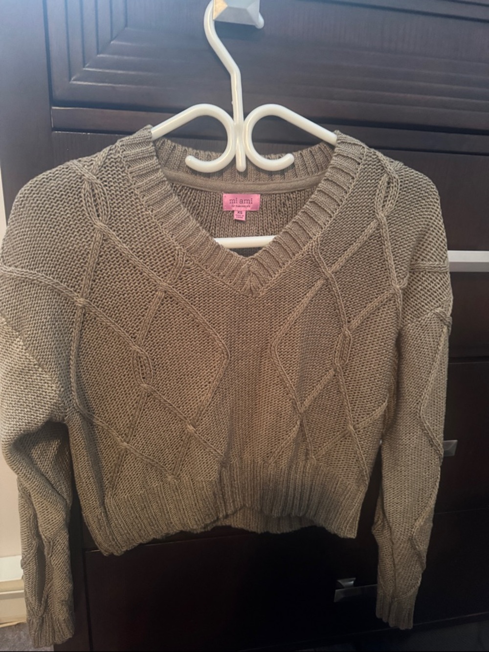 miami Taupe Cable-Knit V-Neck Women's Sweater